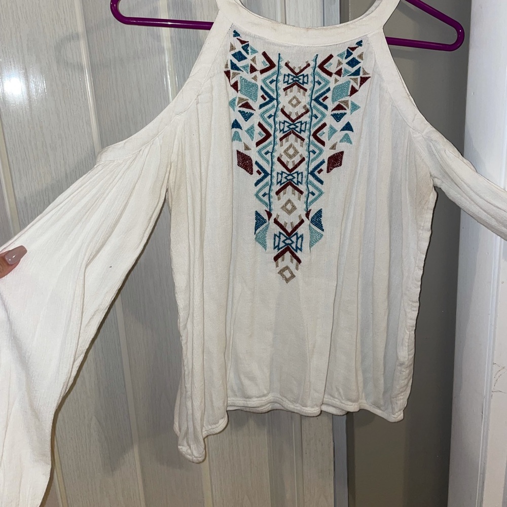 White Aztec long sleeve shirt with open shoulder. Hollister size medium